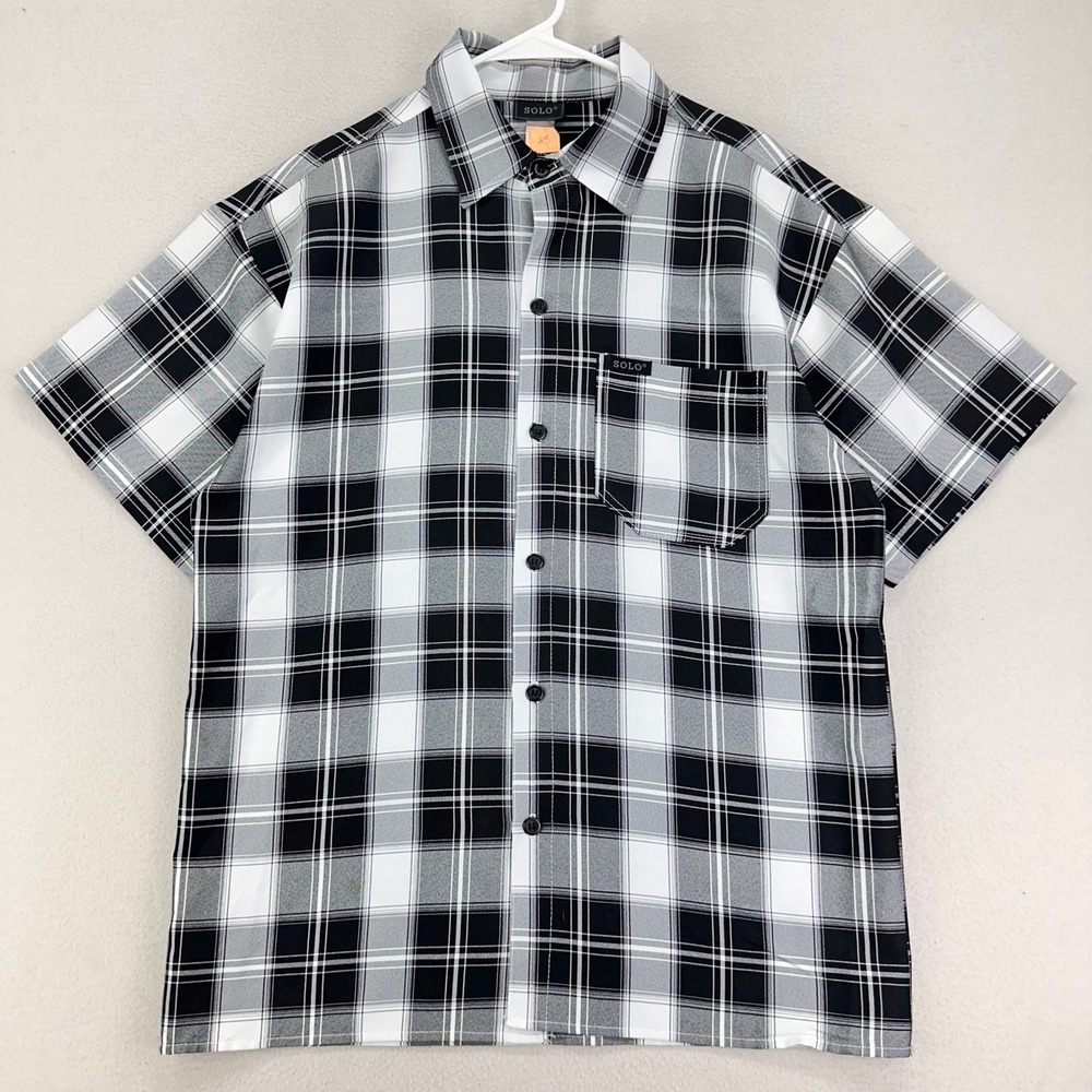 VTG Solo Shirt Mens Medium Black Plaid Short Sleeve Chicano‎ Biker OG Lowrider